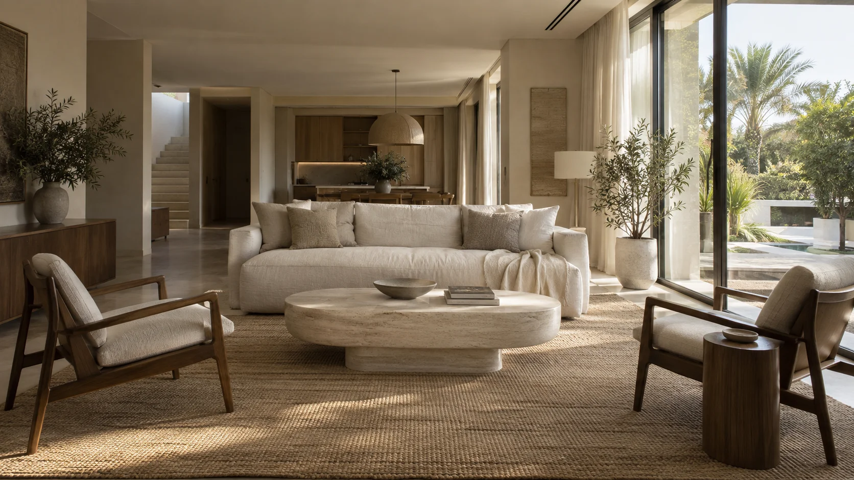 Sunlit villa living room with linen furniture, travertine and garden views
